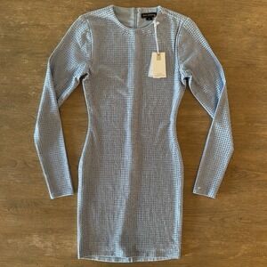 NEW Good American Crystal Crew Long Sleeve Mini Dress-Winter Sky Blue-Size Small